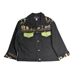 Vtg Y2K Spa Black Green Novelty Cocktail Print Embellished Button Up Jacket L